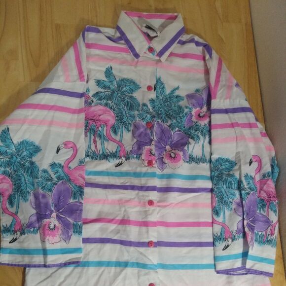 Vintage Touche L.A. Striped Flamingoes Floral Button Down Shirt - Picture 2 of 7